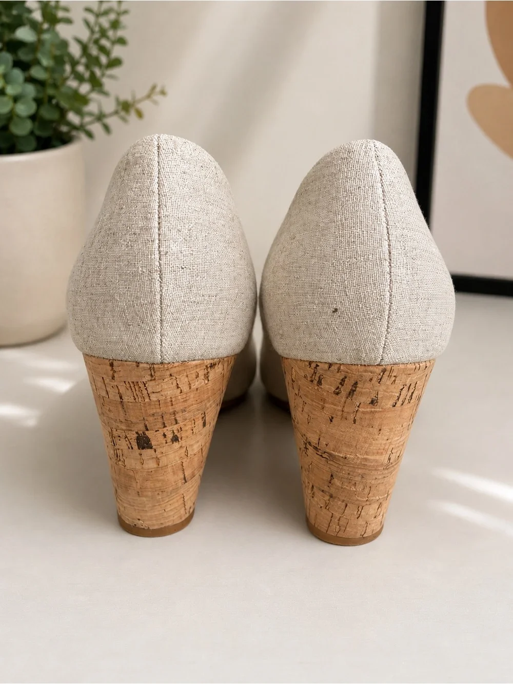 Women’s Linen Peep-Toe Wedge - Beige Cork Heel